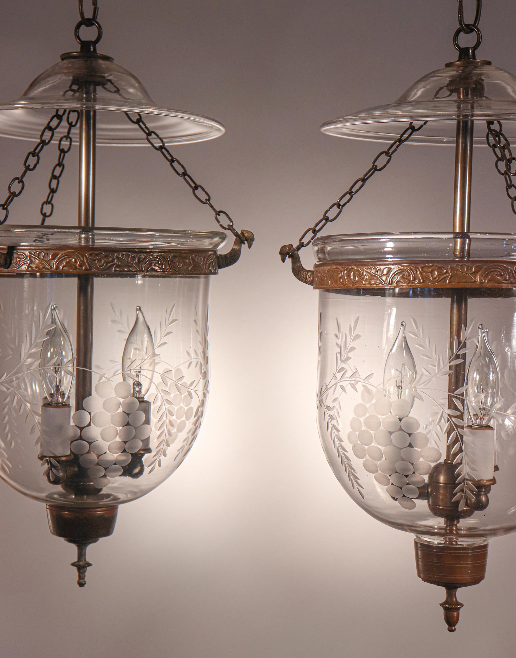 Embossed Set of Antique Petite Bell Jar Lanterns with Grape Etching