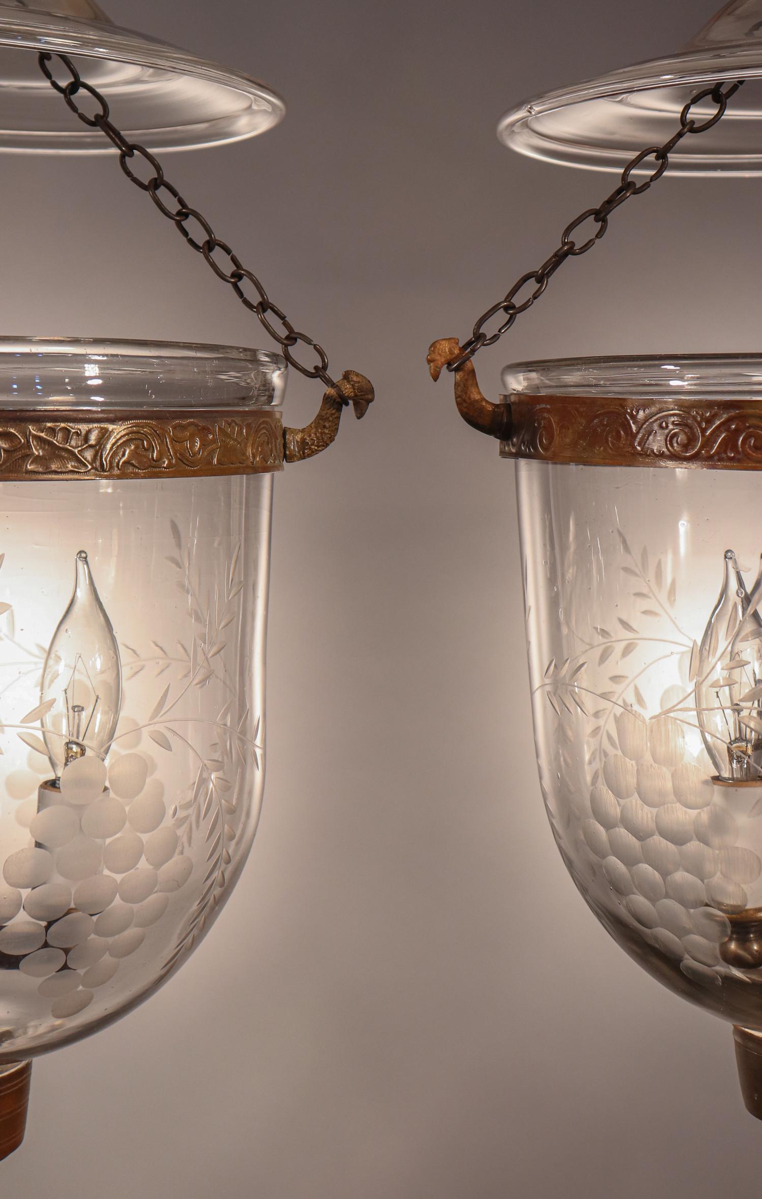 Set of Antique Petite Bell Jar Lanterns with Grape Etching In Good Condition In Heath, MA