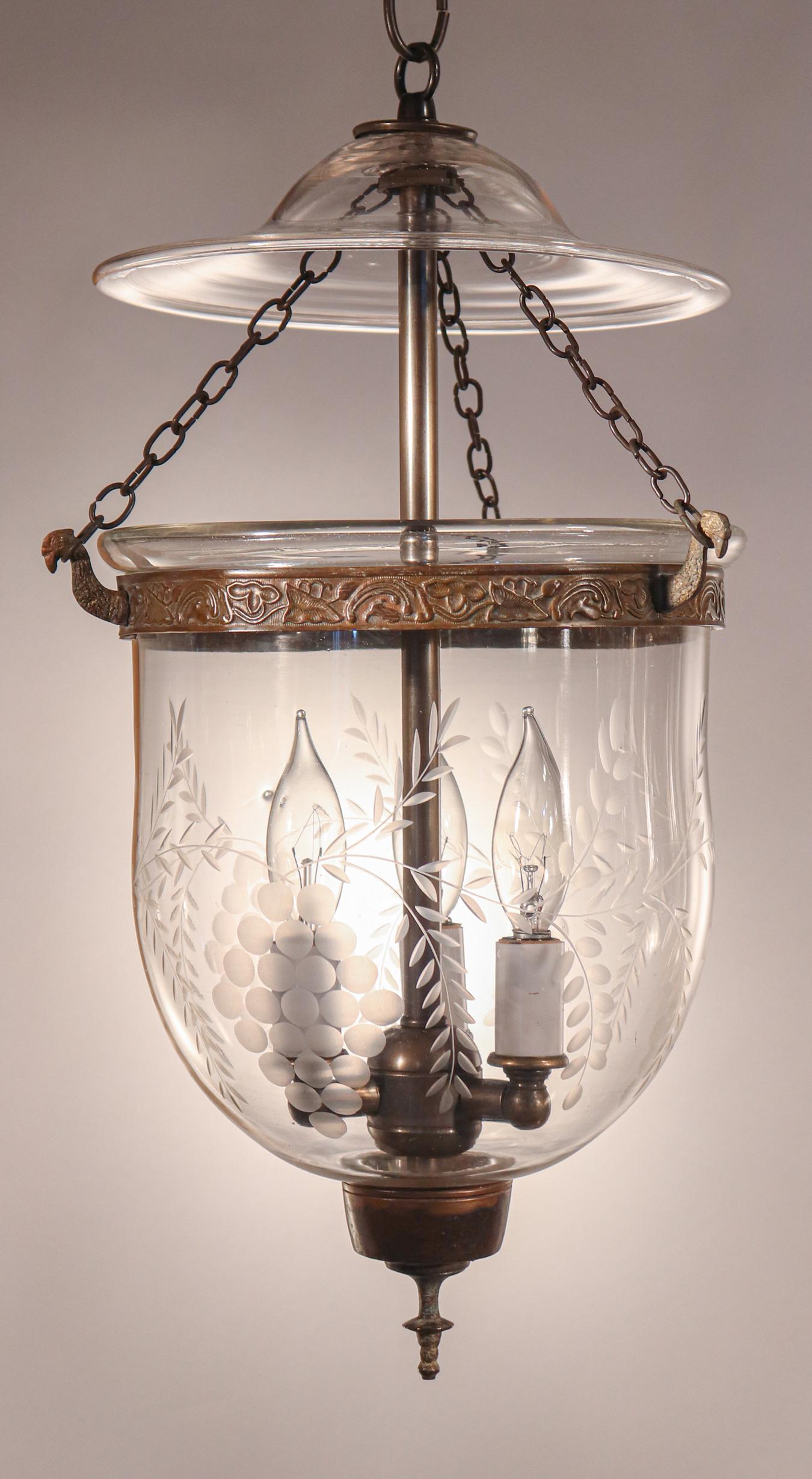 Brass Set of Antique Petite Bell Jar Lanterns with Grape Etching