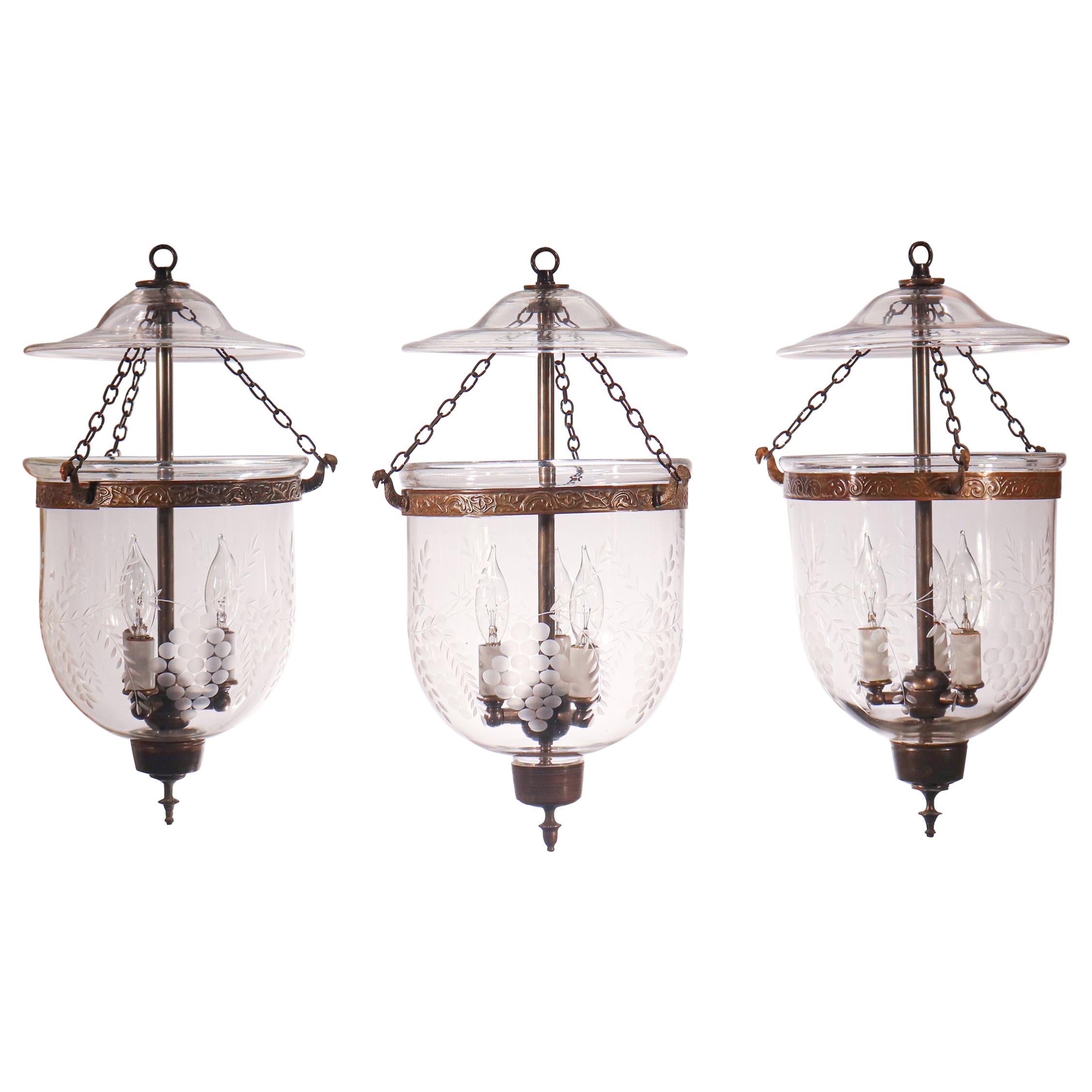 Set of Antique Petite Bell Jar Lanterns with Grape Etching