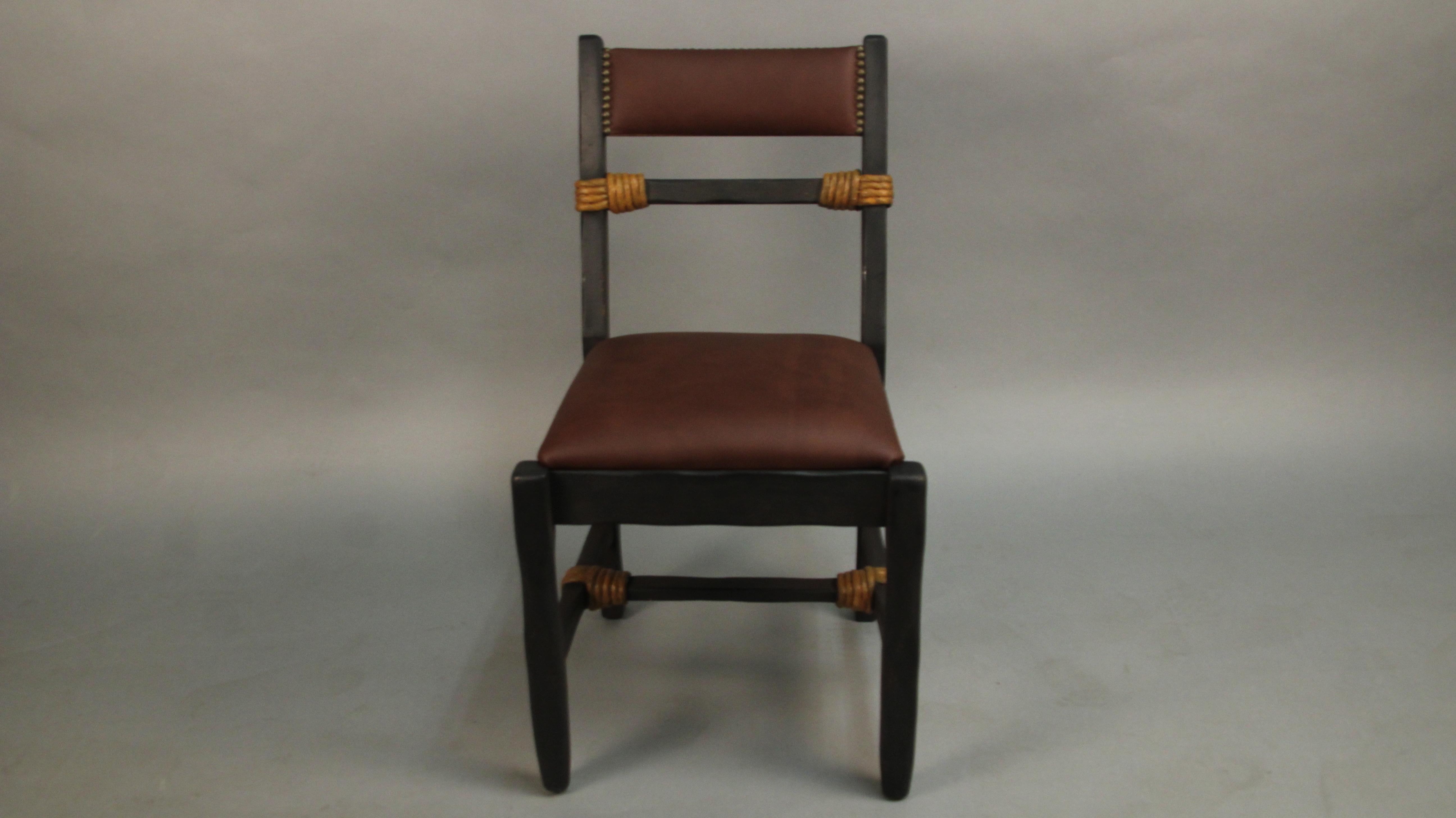 Handsome set of 6 armchairs made by Coronado, circa 1930s. Restored finish and new leather upholstery.
