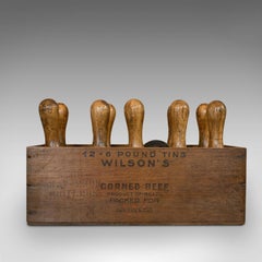 Set of Skittles, English, Beech, 10 Pins, Ball, Case, Victorian, circa 1900
