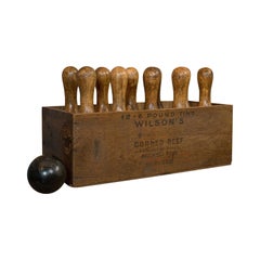 Set of Skittles, English, Beech, 10 Pins, Ball, Case, Victorian, circa 1900