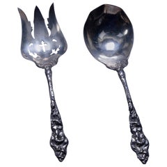 Set of Antique Sterling Silver Repousse Orchid Serving Spoon and Fork circa 1890
