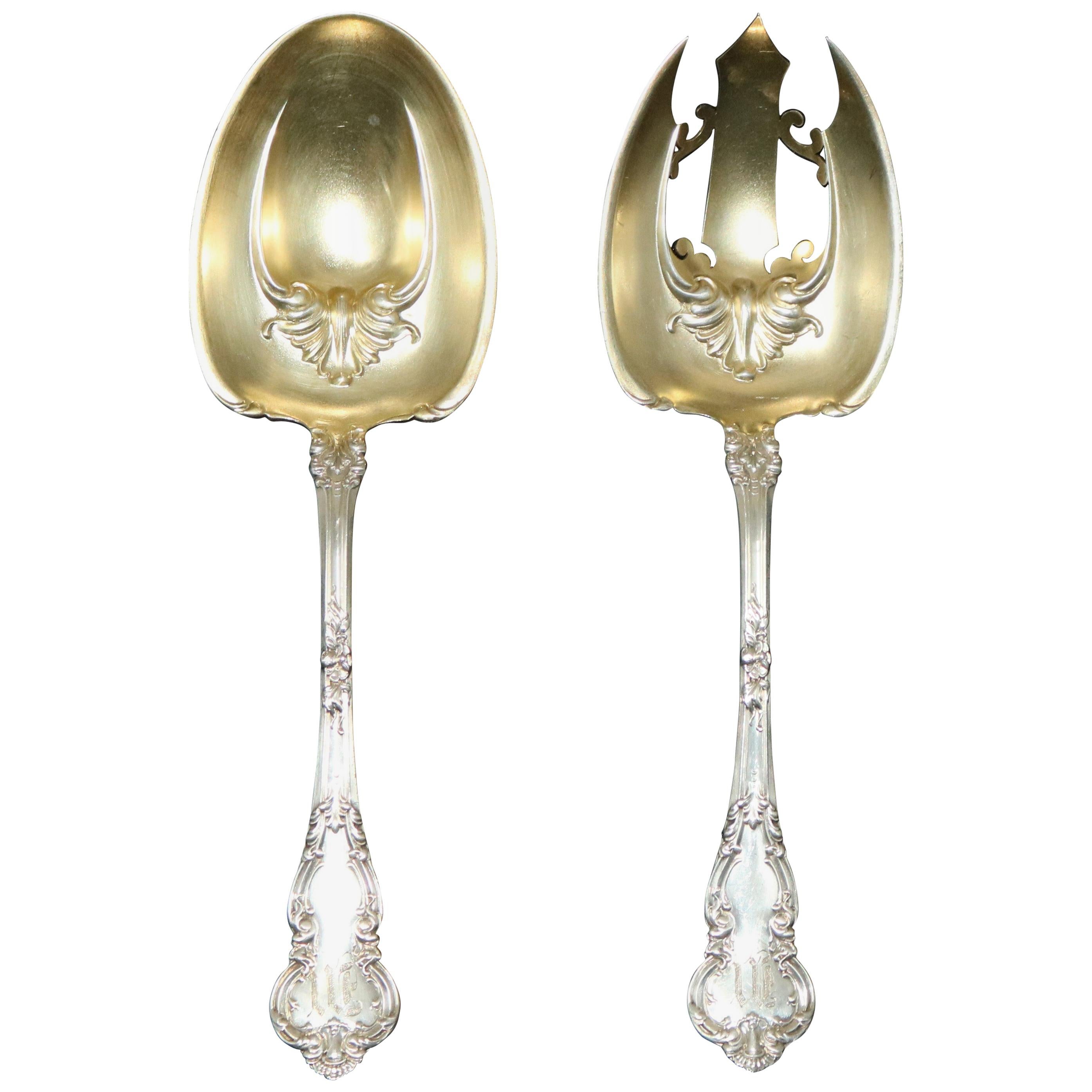 Set of Antique Sterling Silver Serving Utensils with Gold Wash Bowls, circa 1900