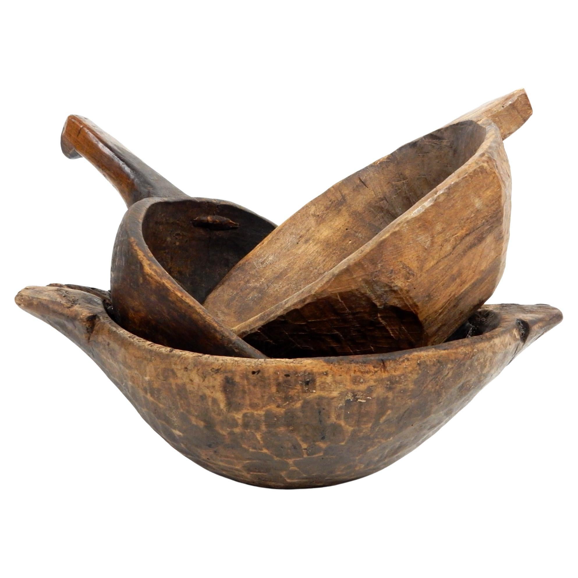 Set of Antique Swedish Folk Art Repaired Wooden Handled  Kitchen Bowls  For Sale