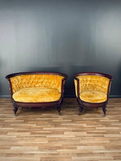 Set of Antique Victorian Empire Style Mahogany Loveseat & Arm Chair