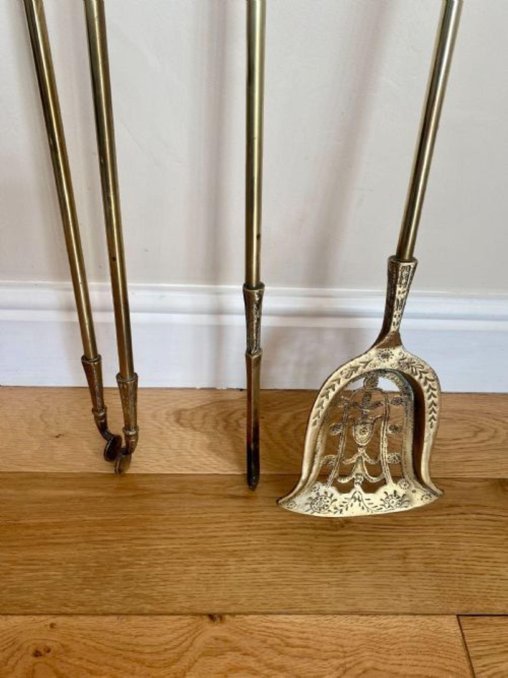 Set of Antique Victorian quality ornate brass fire irons, Consisting of a shovel, poker and a pair of fire tongs with quality ornate brass handles.