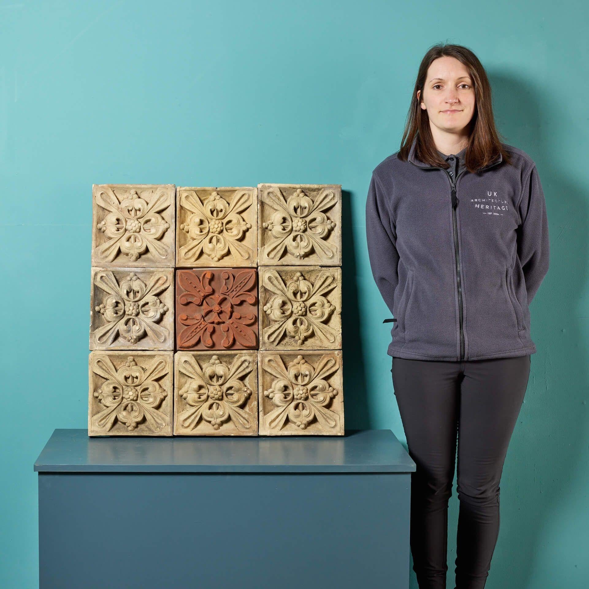 Panneau décoratif victorien ancien composé de 9 plaques individuelles en terre cuite, provenant d'un domaine à Cambridge.

Datant d'environ 1850, les plaques ont toutes une finition chamois chic, à l'exception d'une plaque en terre cuite riche au