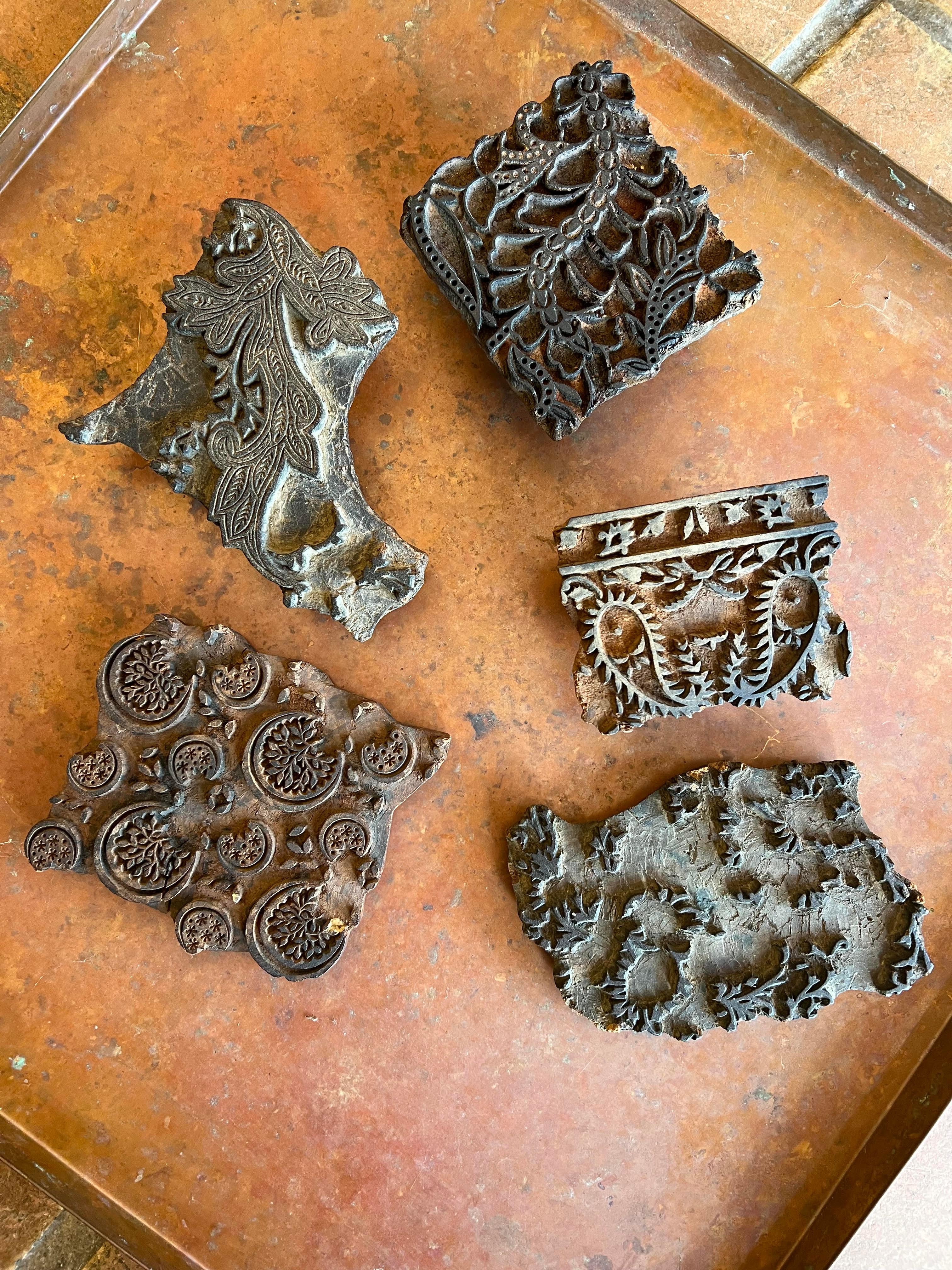Set of Antique Wooden Printing Textile Blocks. The largest size is the dimensions listed. Varying sizes and depths. Looks great on a wall as a set. The price is for the set of 5.