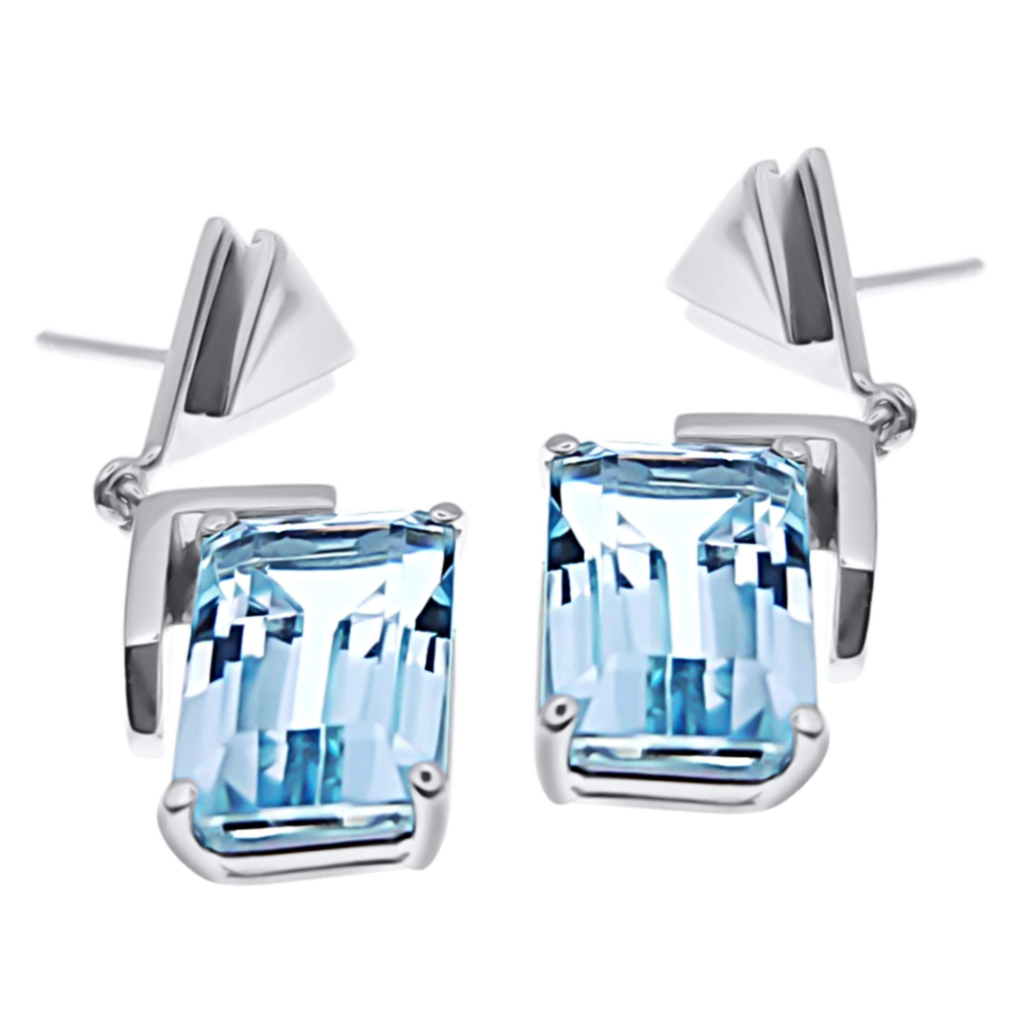 Modernist Set of Aquamarine Ring, Pendant & Blue Topaz Earrings, 14K White Gold & Diamonds For Sale