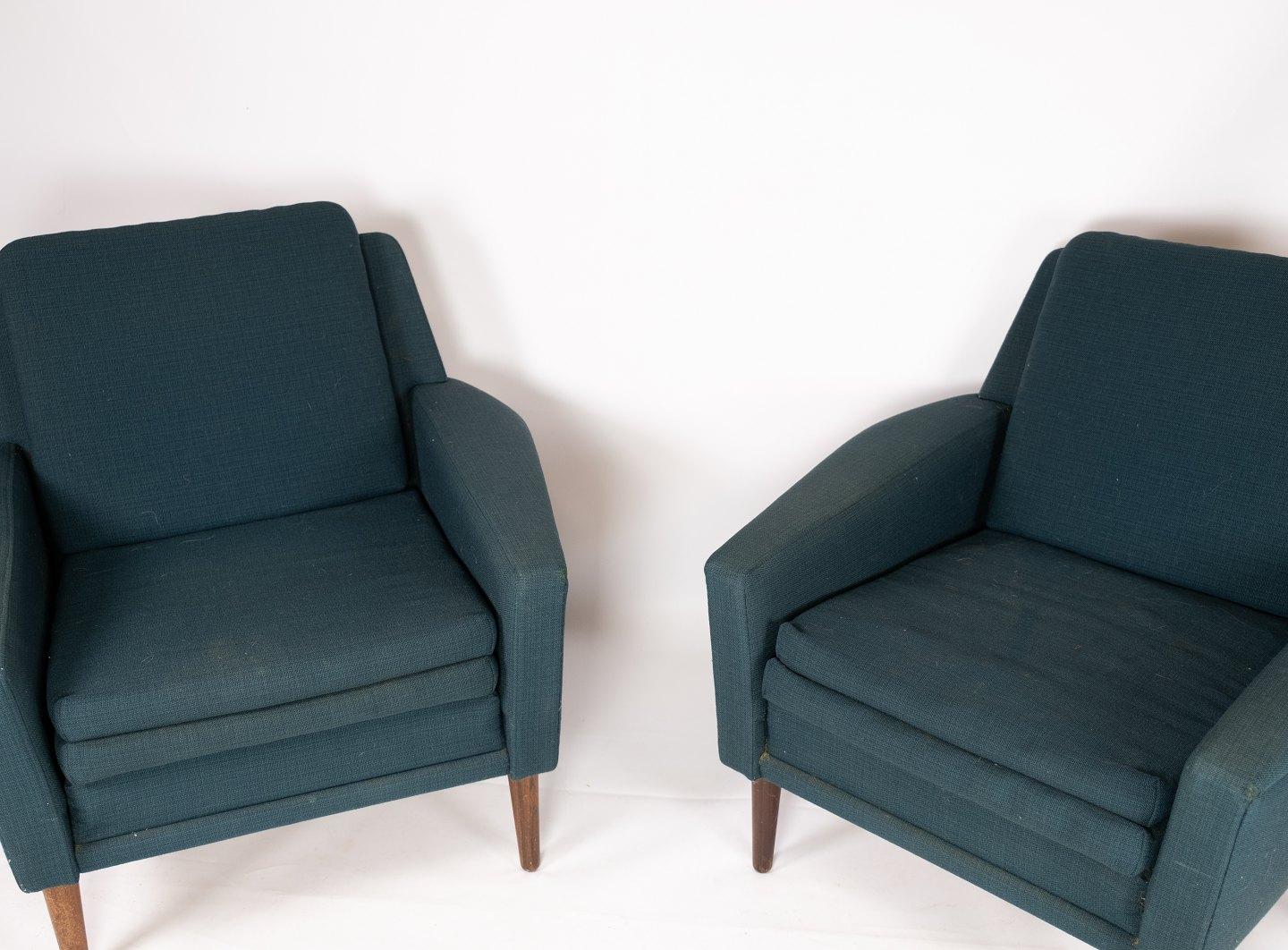 Set Of 2 Armchairs Made In Dark Turquoise Wool By Fritz Hansen From 1960s In Good Condition For Sale In Lejre, DK