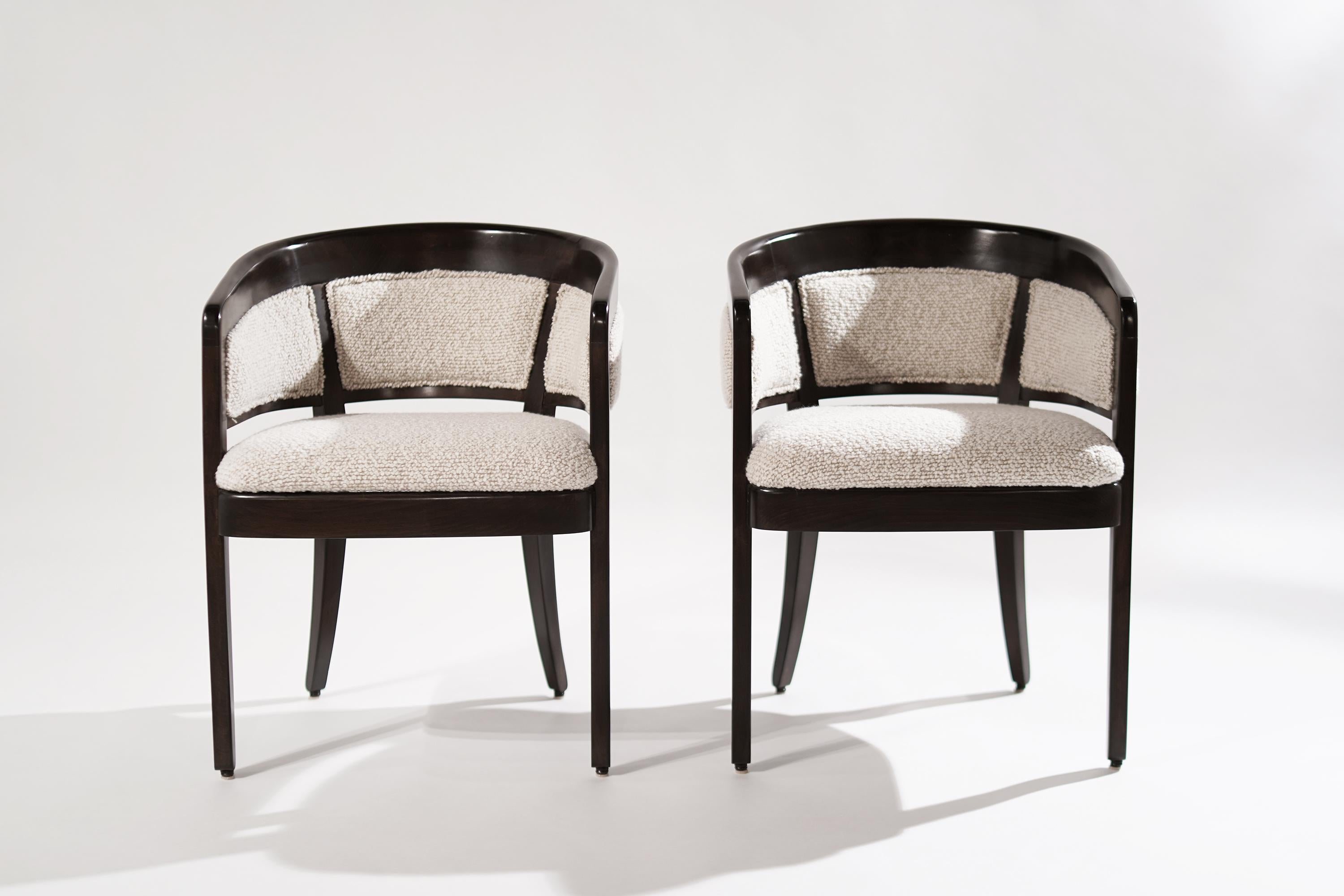 A set of armchairs designed by Edward Wormley and manufactured by Drexel, circa 1960s. Completely restored and refinished in espresso. Newly upholstered in a fantastic wool bouclé by Kravet.

Other designers from this period include Paul McCobb,