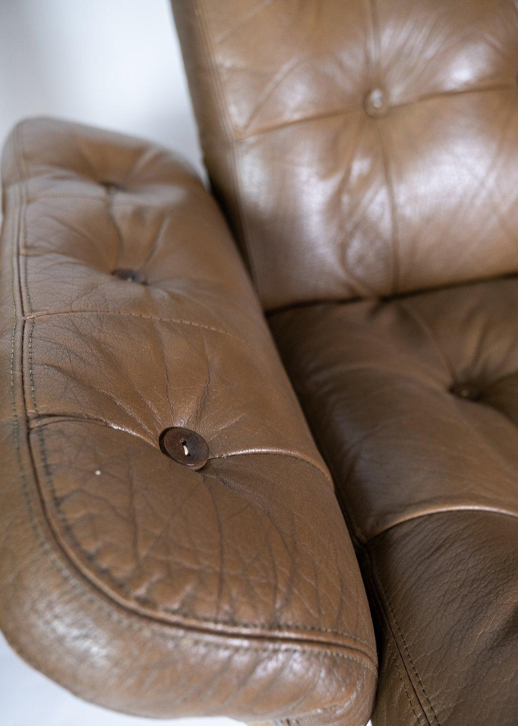 Scandinavian Modern Set of Armchairs Upholstered with Brown Leather of Danish Design, 1970s