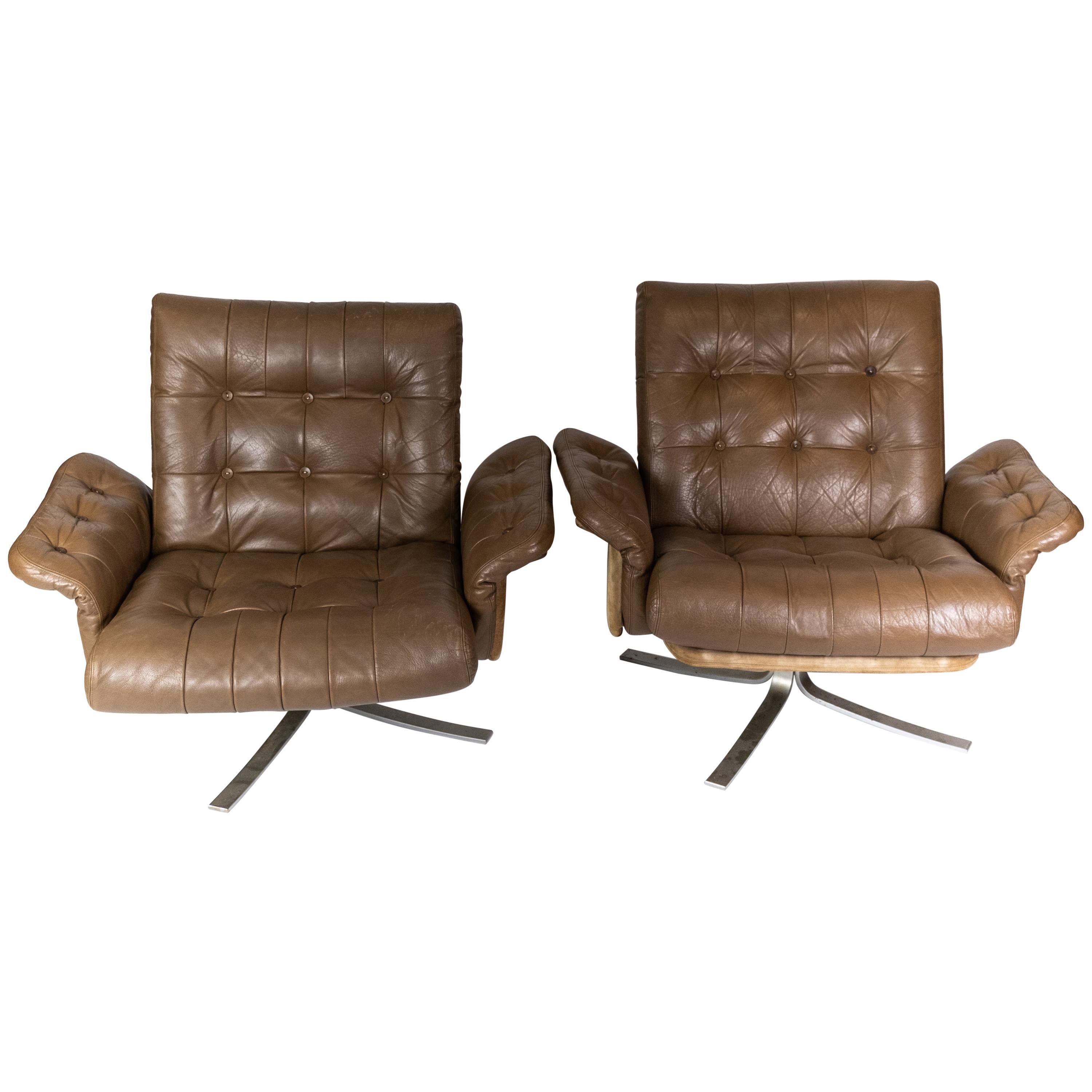 Set of Armchairs Upholstered with Brown Leather of Danish Design, 1970s