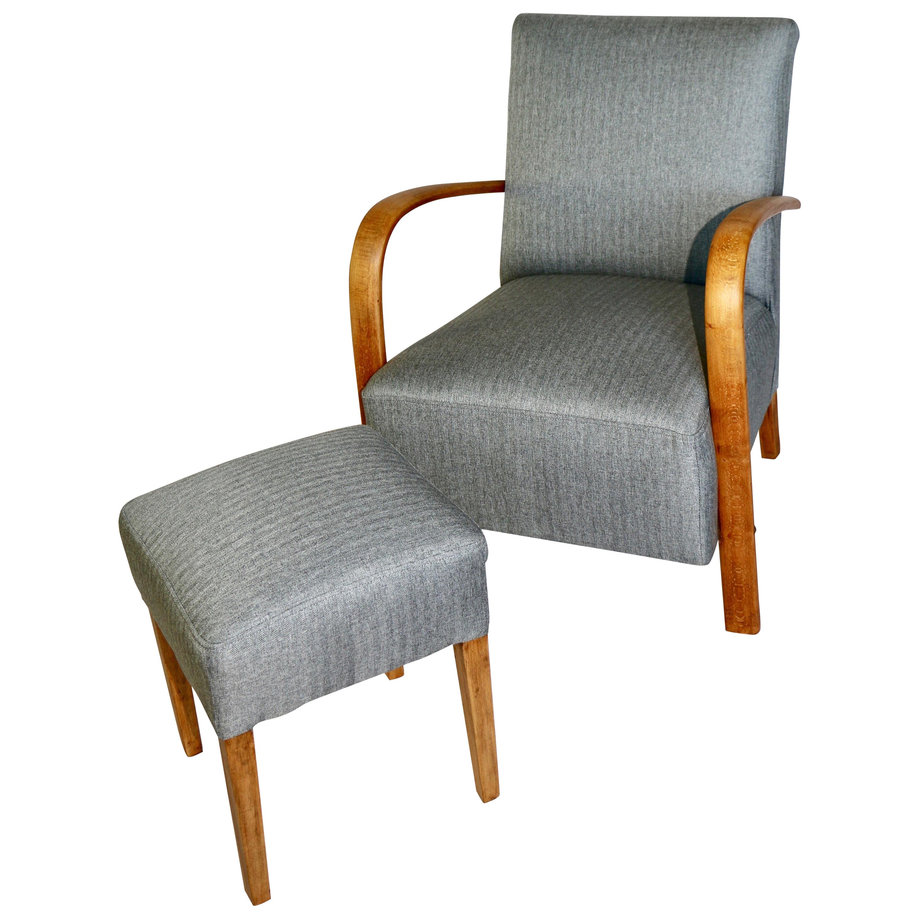 Set of Art Deco Armchair with Footrest Seat in Gray from 20th Century