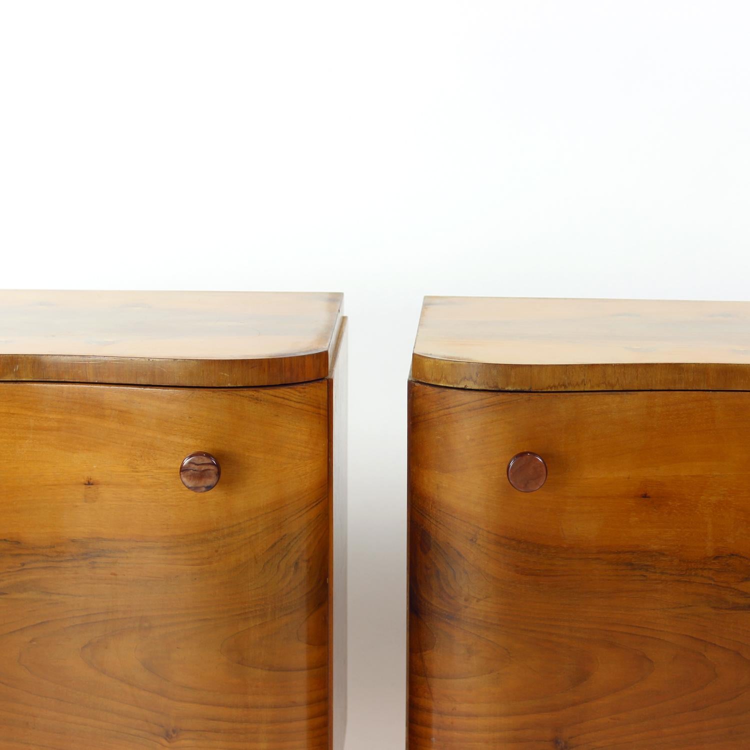 Glass Set Of Art Deco Bedside Tables In Walnut, Czechoslovakia 1940s