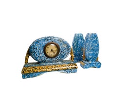 Juego de Reloj de Sobremesa Art Decó de Cerámica Azul Majolique
