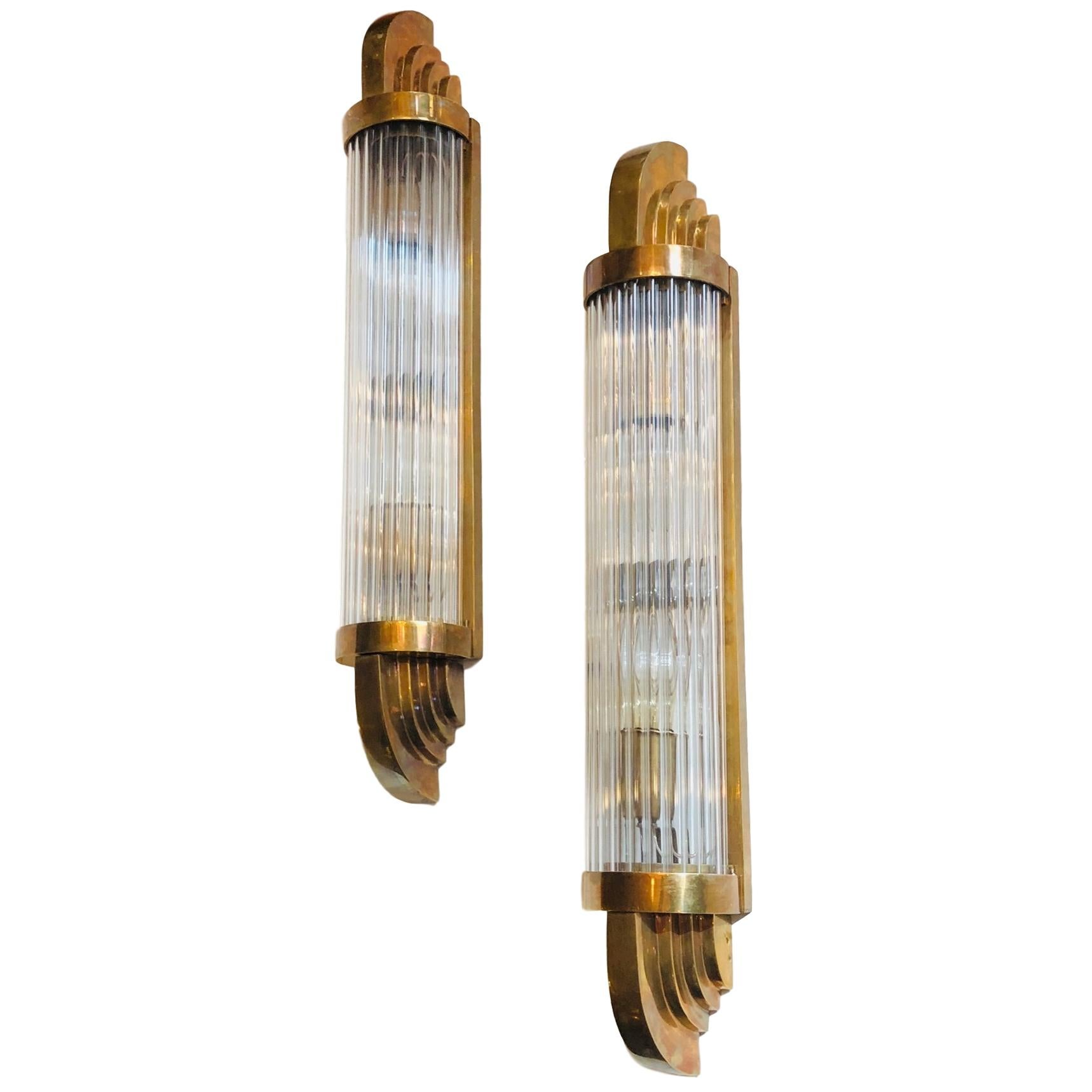Set of Art Deco Bronze and Glass Rod Sconces, Sold in Pairs In Good Condition In New York, NY