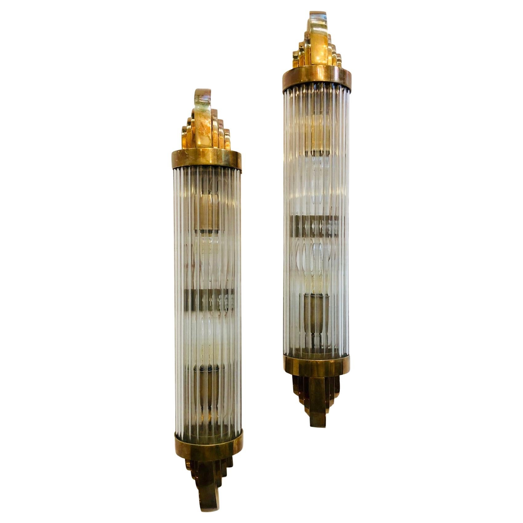 Set of Art Deco Bronze and Glass Rod Sconces, Sold in Pairs
