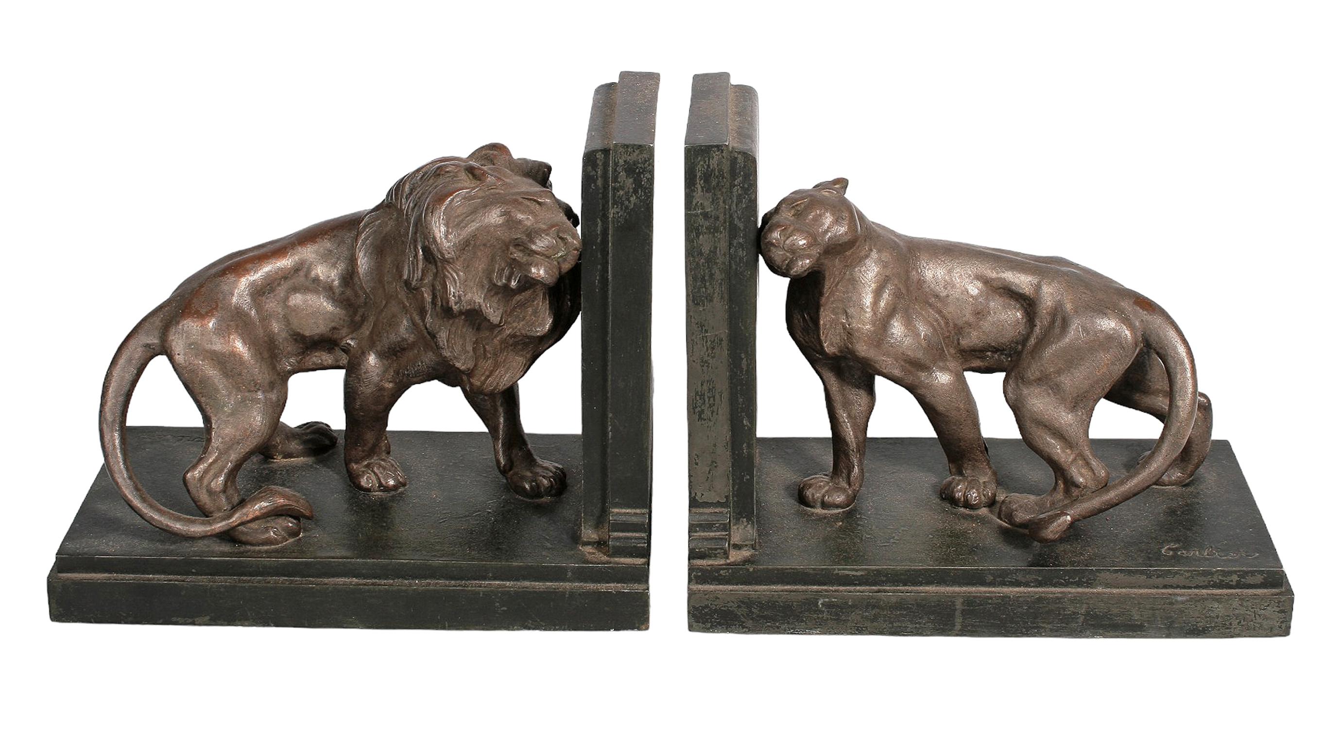 Art Deco Set of Art Déco Bronze and Marble Lions Couple Bookends by Émile Carlier, France For Sale