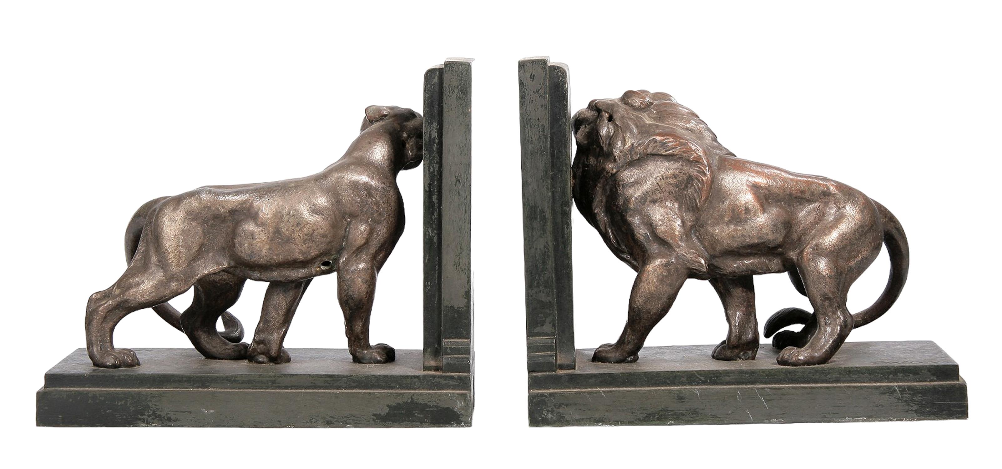Cast Set of Art Déco Bronze and Marble Lions Couple Bookends by Émile Carlier, France For Sale