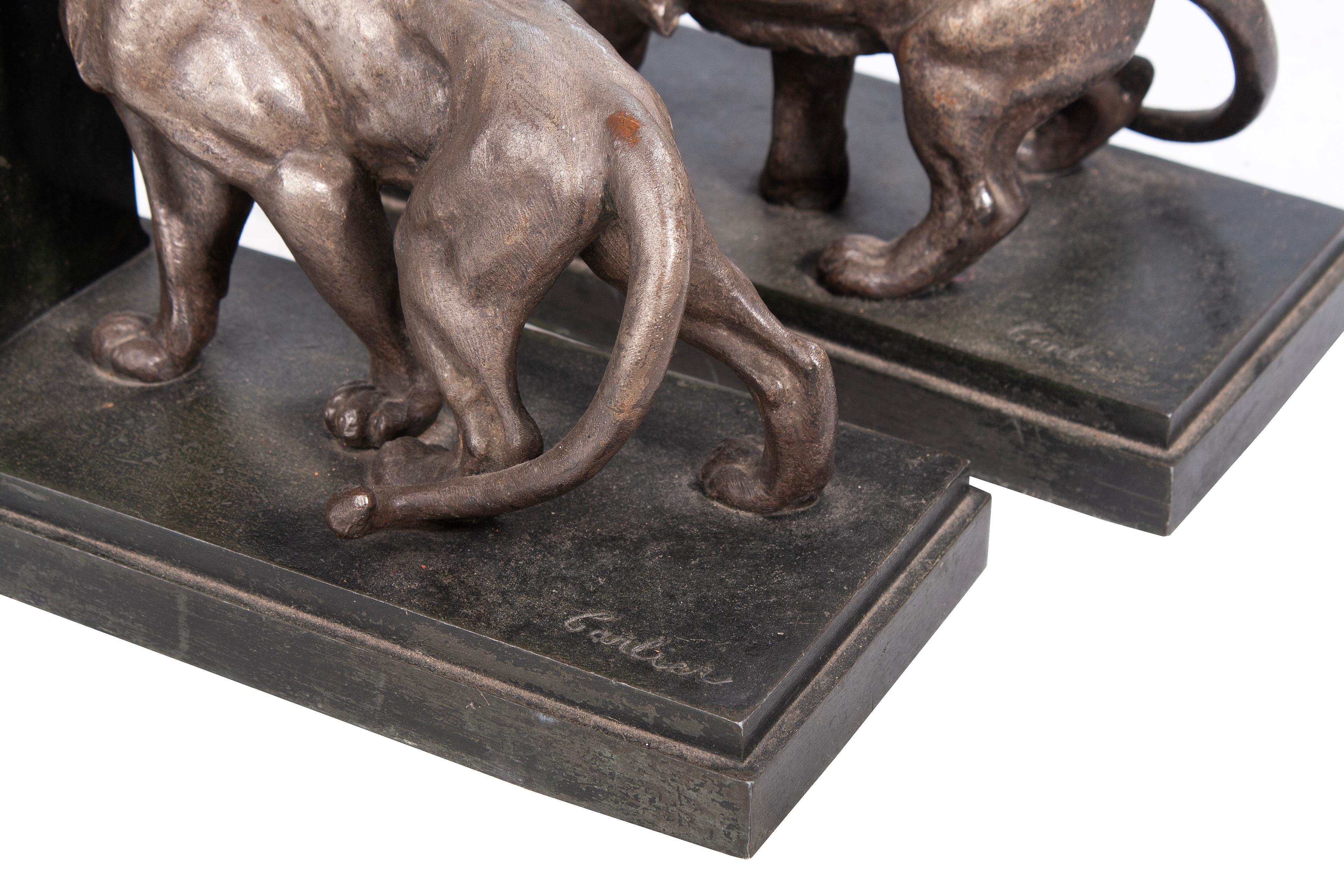 Set of Art Déco Bronze and Marble Lions Couple Bookends by Émile Carlier, France In Good Condition For Sale In North Miami, FL