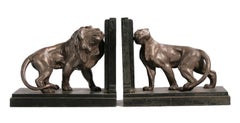 Set of Art Déco Bronze and Marble Lions Couple Bookends by Émile Carlier, France