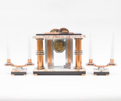 Set of Art Deco Cabinet Clock and Pair of Candlesticks, France, 1930s