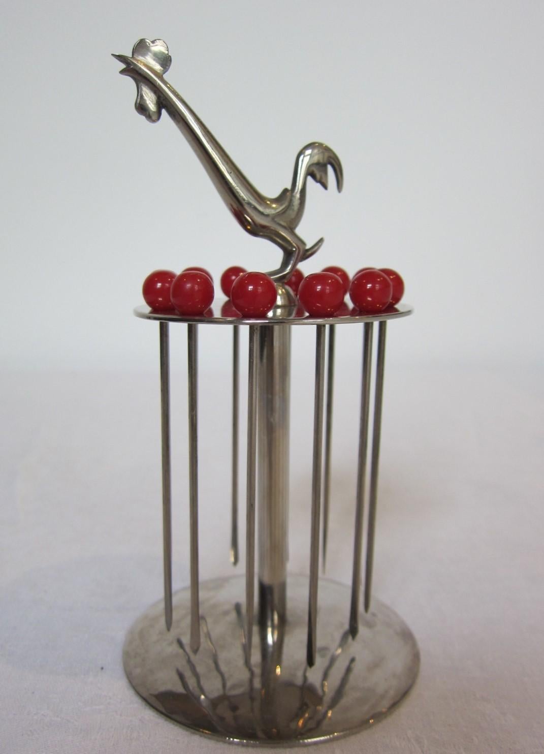Juego de brochetas de cóctel art déco con mango de gallo 