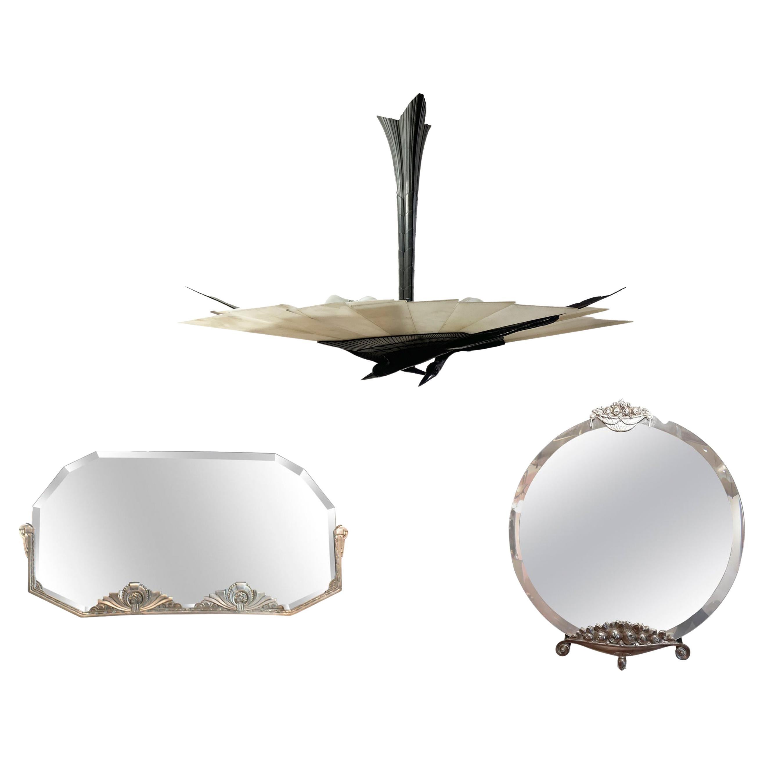 Set of Art Deco "Hérons" Chandelier, and 2 French Art Deco Style Wall Mirrors