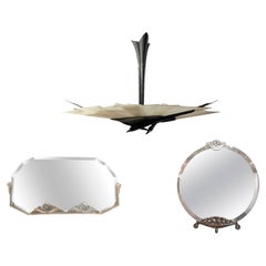 Set of Art Deco "Hérons" Chandelier, and 2 French Art Deco Style Wall Mirrors