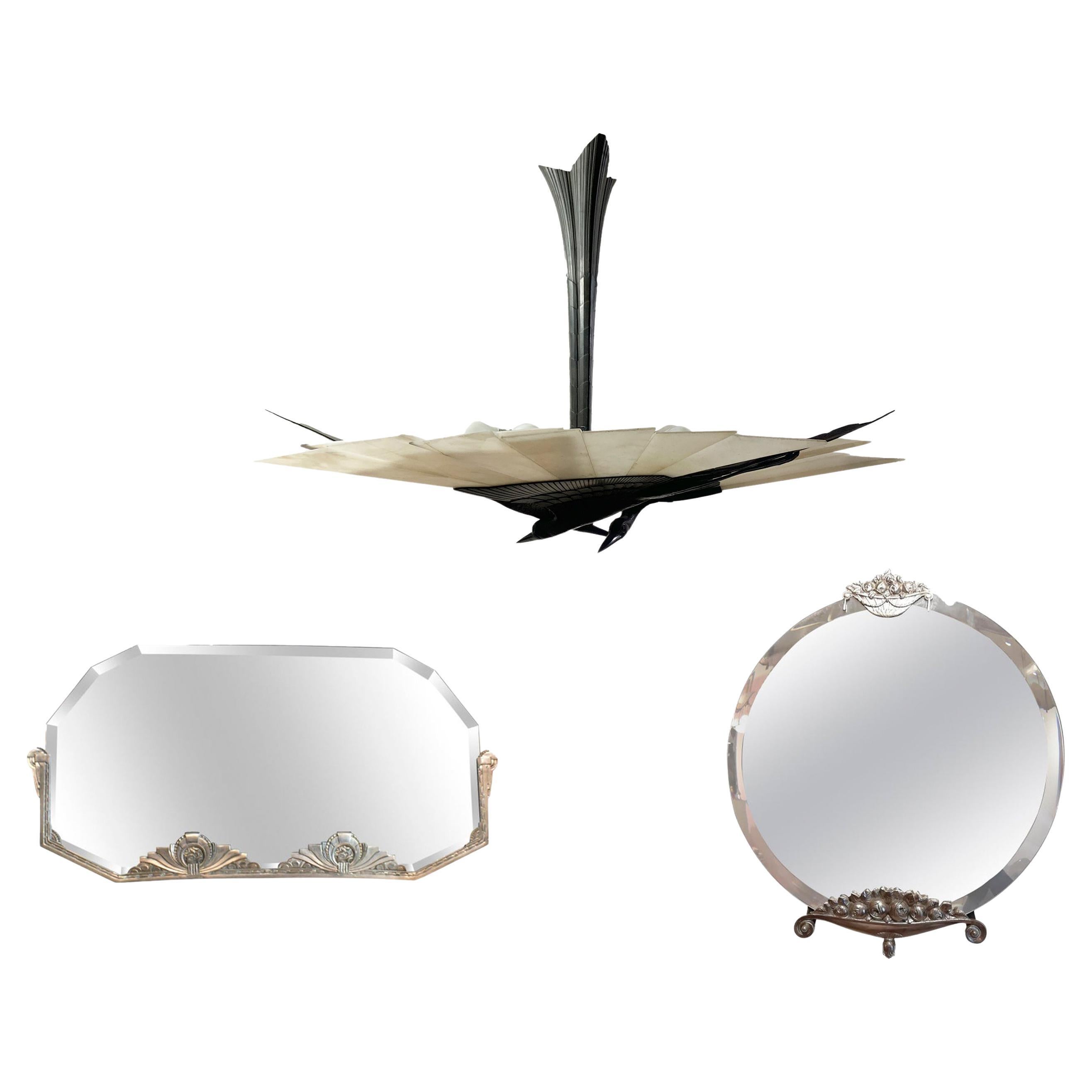 Conjunto de lámpara de araña Art Déco "Hérons" y 2 espejos de pared Art Déco franceses en venta