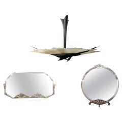 Antique Set of Art Deco "Hérons" Chandelier, and 2 French Art Deco Style Wall Mirrors