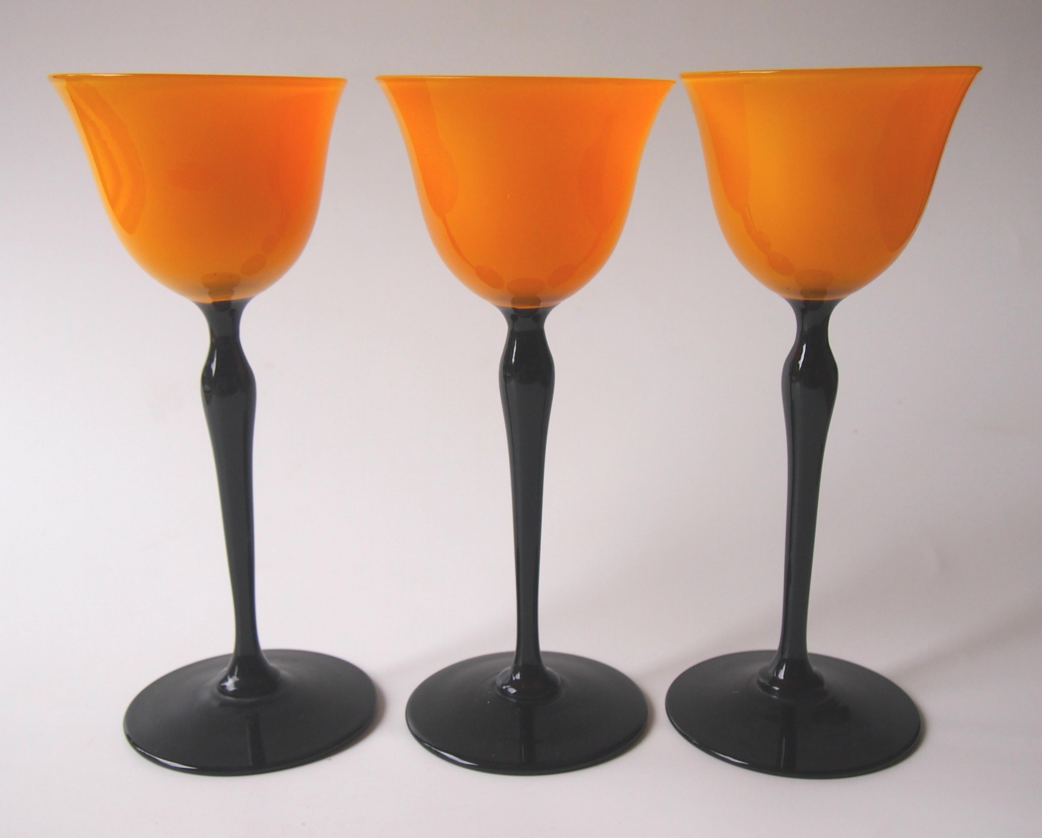 Set of Bohemian Art Deco Orange and Black 'Tango' Glasses by Harrach In Good Condition In London, GB