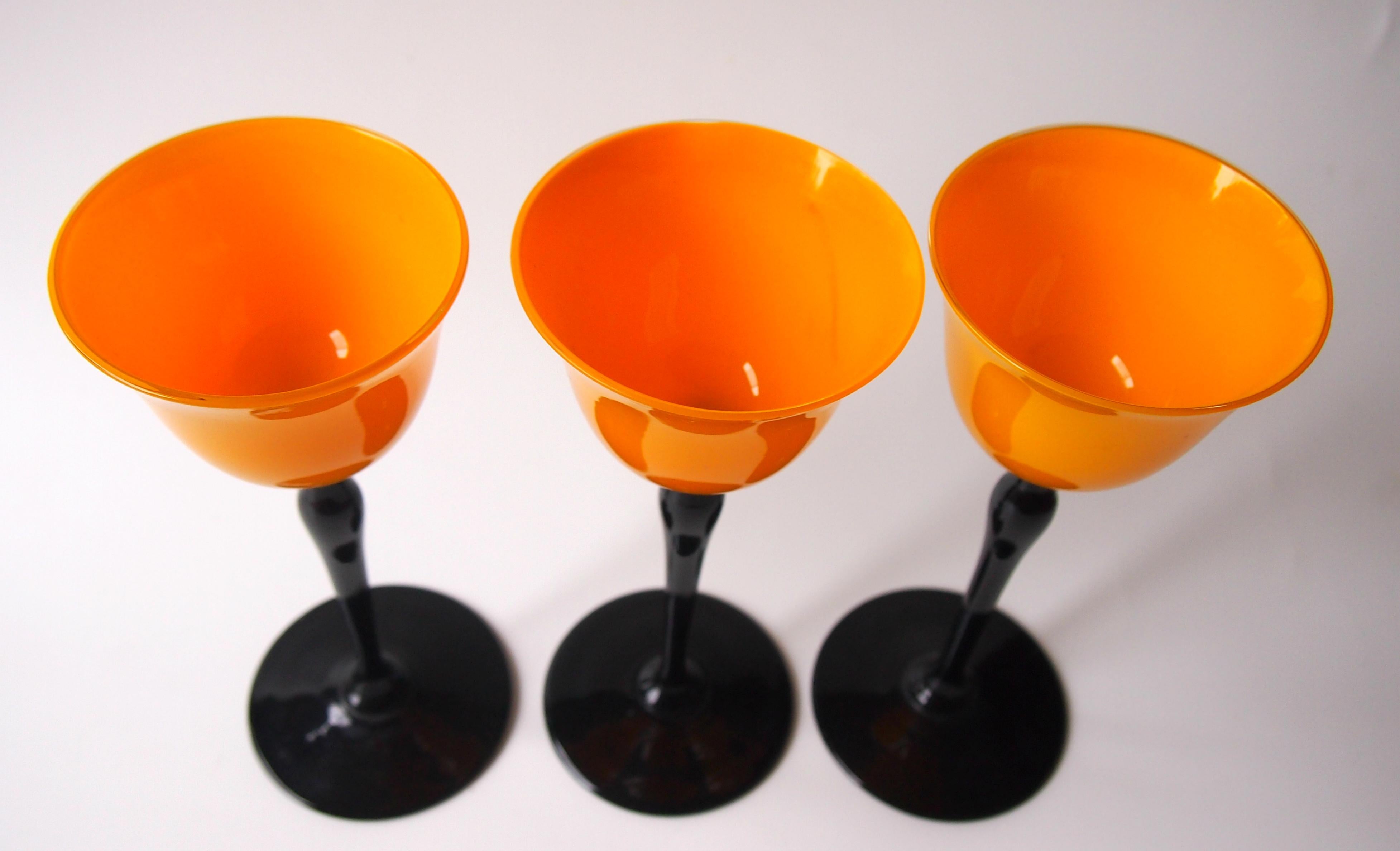 Early 20th Century Set of Bohemian Art Deco Orange and Black 'Tango' Glasses by Harrach
