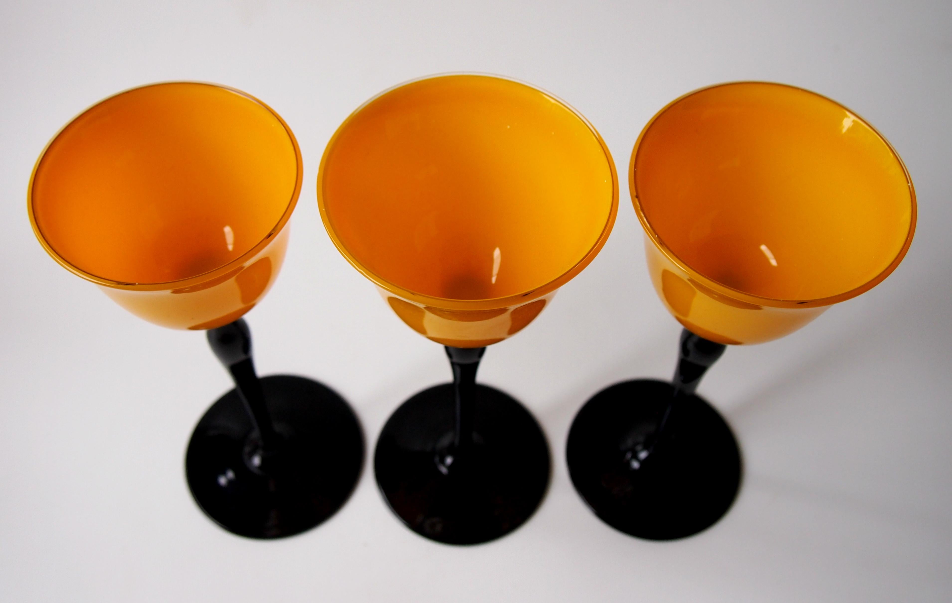 Set of Bohemian Art Deco Orange and Black 'Tango' Glasses by Harrach 1