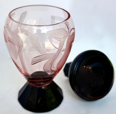 Set Of Art Deco Pink & Black Crystal Decanter & (6) Glasses Czechoslovakia C1930