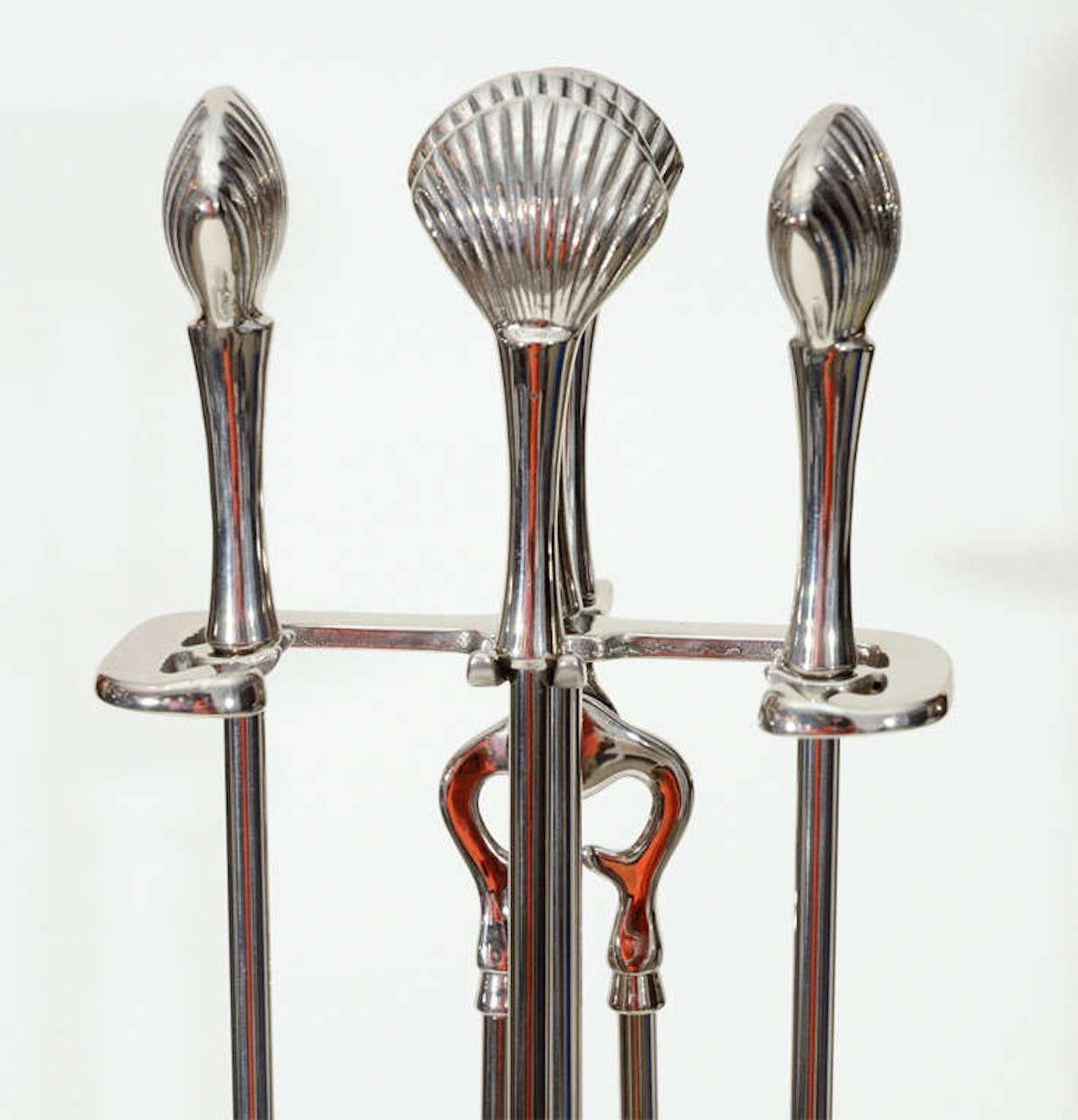 Art Deco Polished Nickel Shell Motif Fireplace Tools For Sale