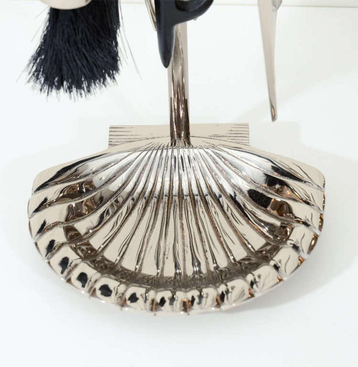 American Polished Nickel Shell Motif Fireplace Tools For Sale