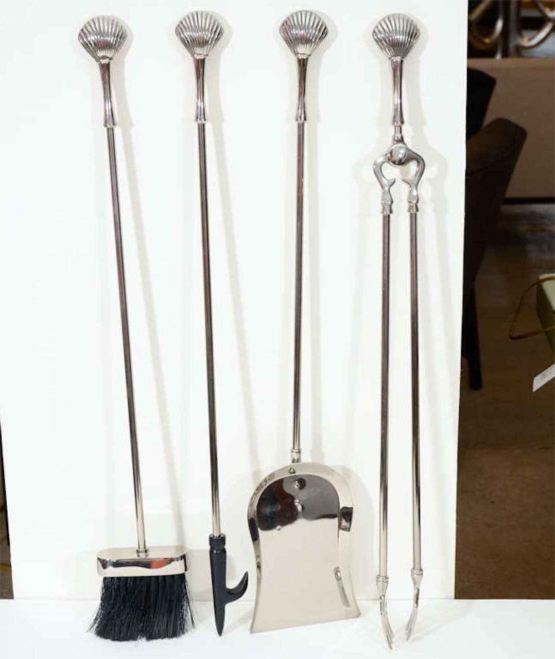 Mid-20th Century Polished Nickel Shell Motif Fireplace Tools For Sale