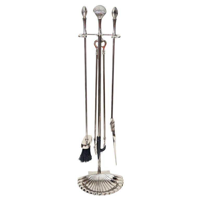 Polished Nickel Shell Motif Fireplace Tools For Sale