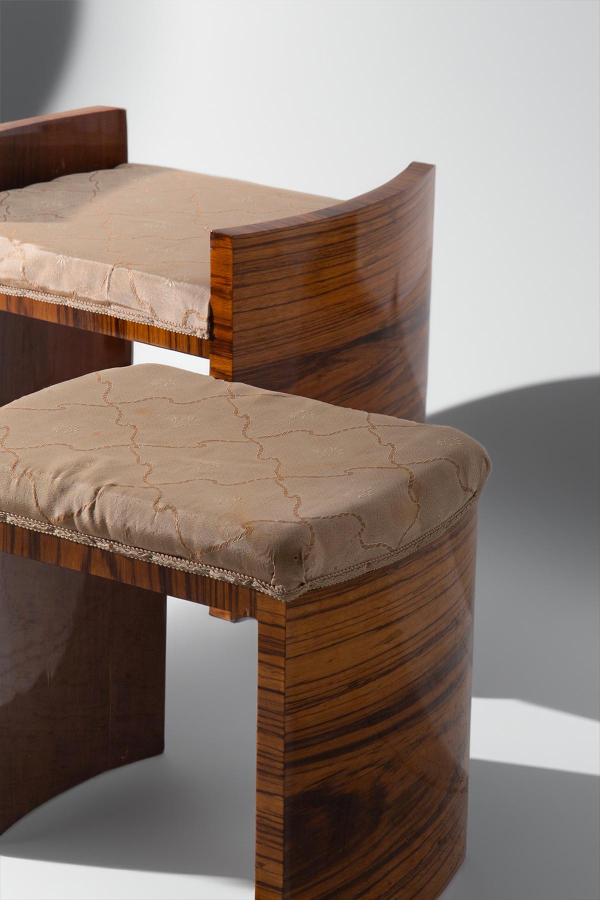 Italian Set of Art Deco Stools in Briar Wood and Cotton
