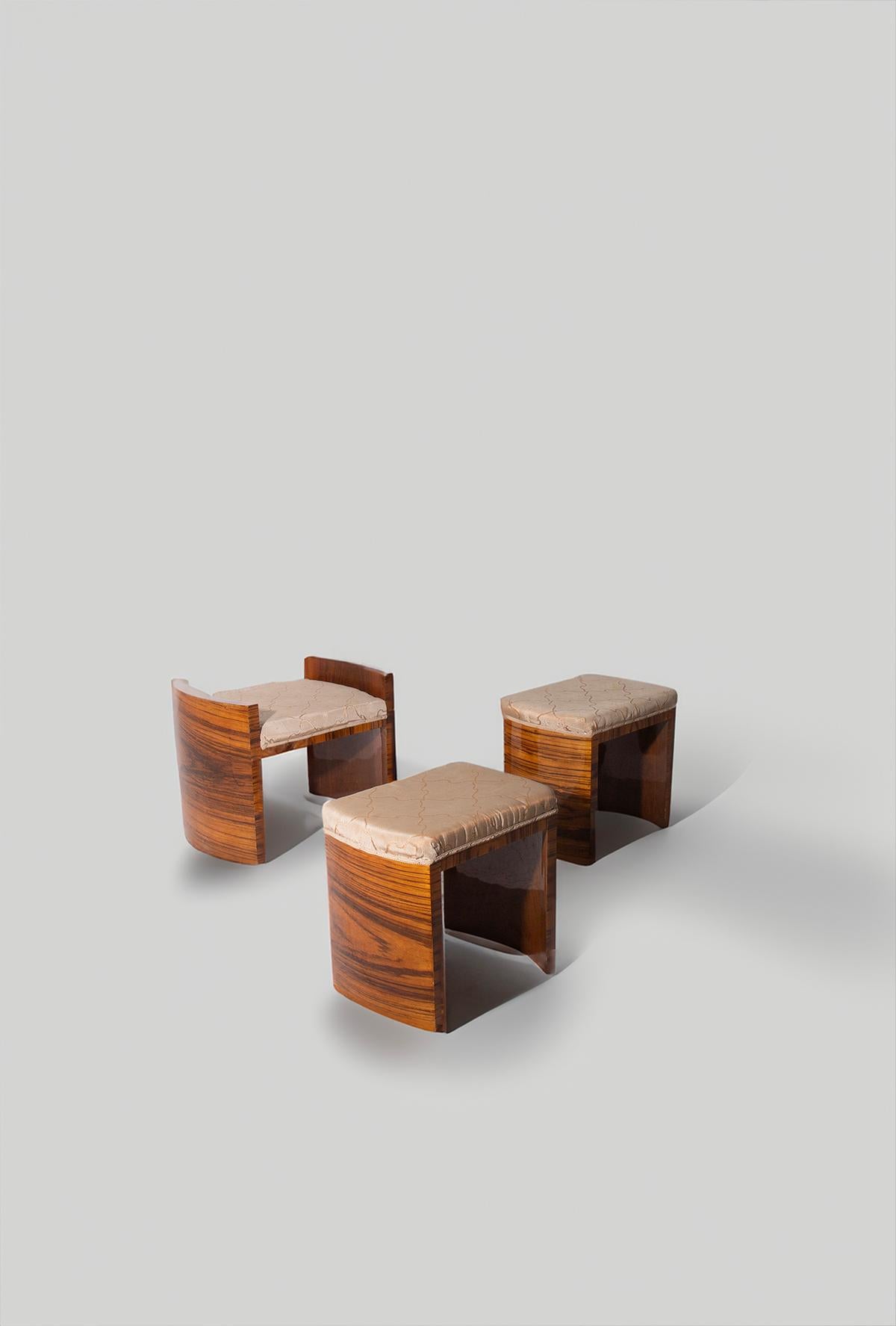 Set of Art Deco Stools in Briar Wood and Cotton 3