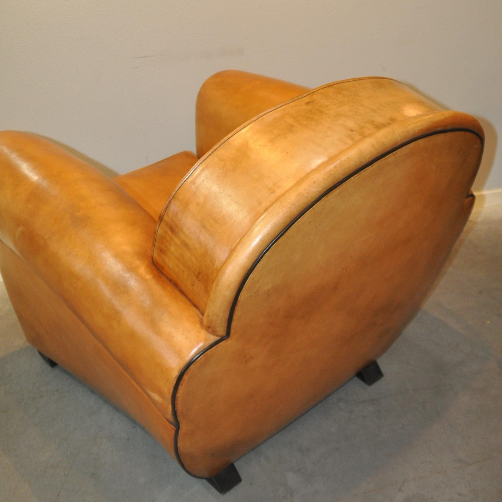 Dutch Set of Art Deco Style ArmChairs, Hocker by Bart van Bekhoven in Leather, 1970s