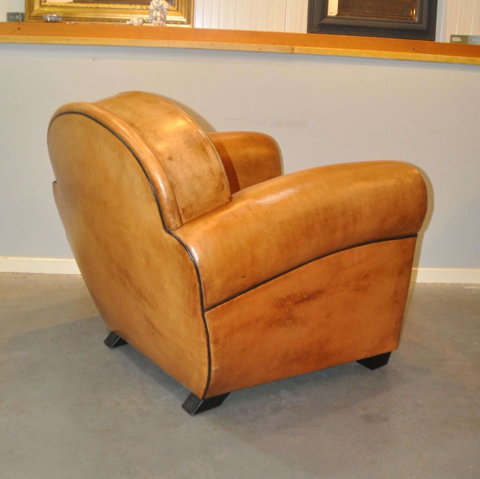 Set of Art Deco Style ArmChairs, Hocker by Bart van Bekhoven in Leather, 1970s In Excellent Condition In Hellouw, NL