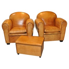 Set of Art Deco Style ArmChairs, Hocker by Bart van Bekhoven in Leather, 1970s