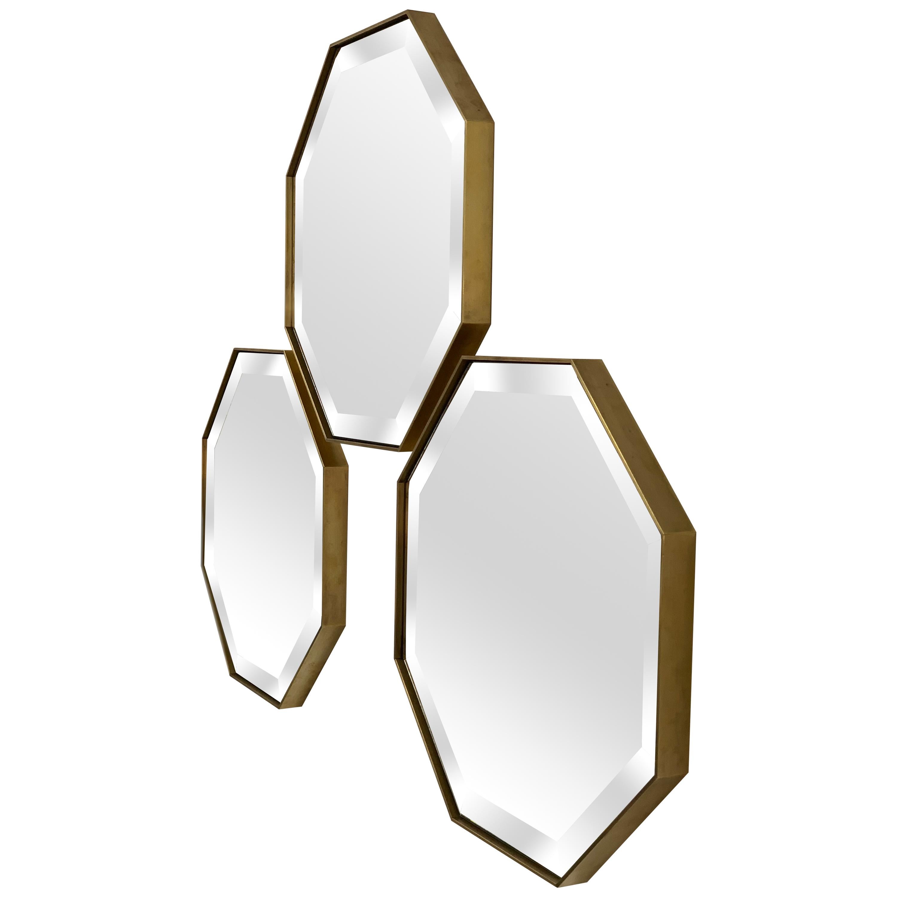 Set of Art Deco Style Eros Octagonal Brass Mirrors Antique Mirror & Bevel Detail For Sale