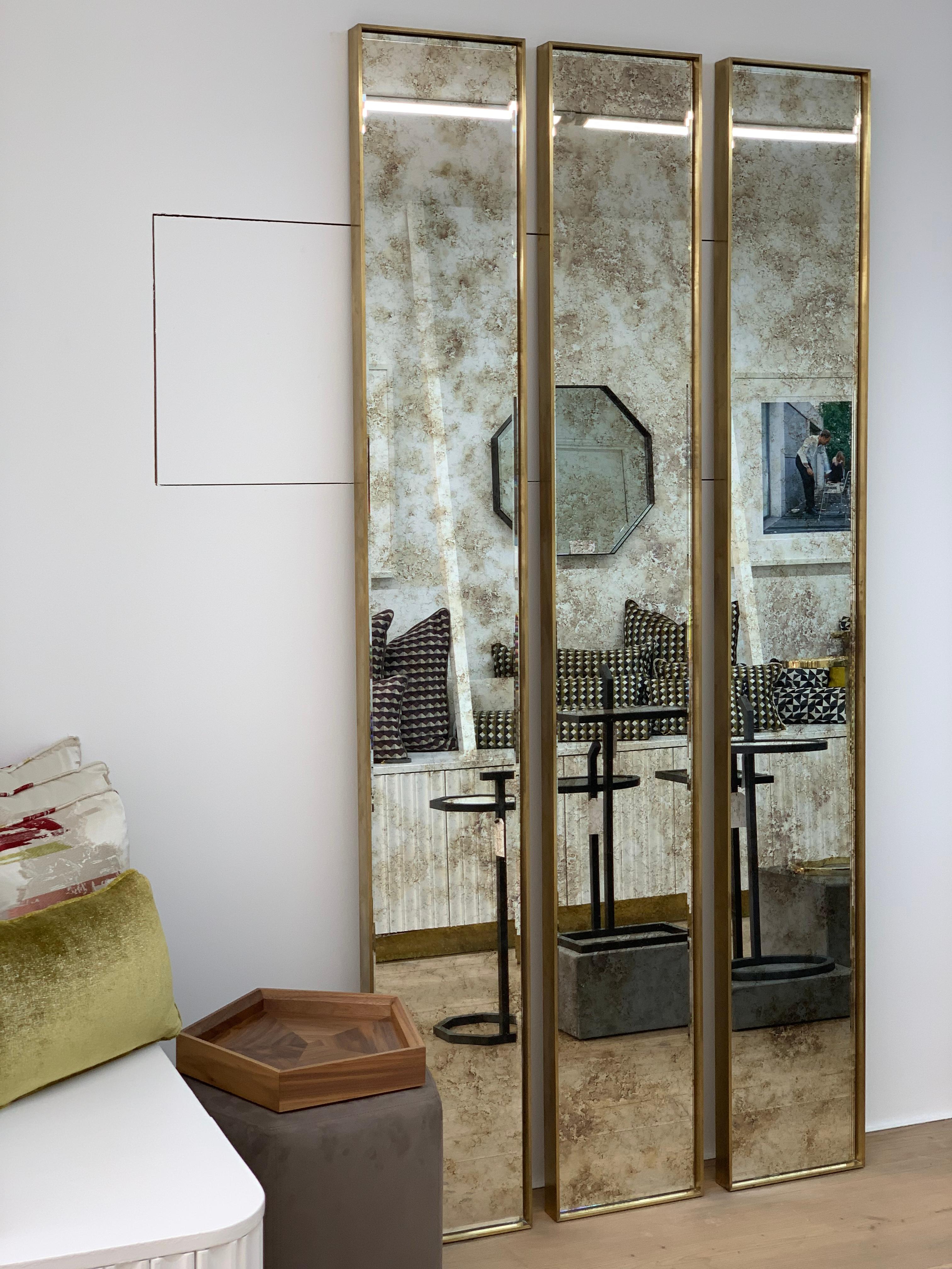 Beveled Set of Art Deco Style Eros Slim Brass Mirror w Antique Mirror Bevelling Detail For Sale