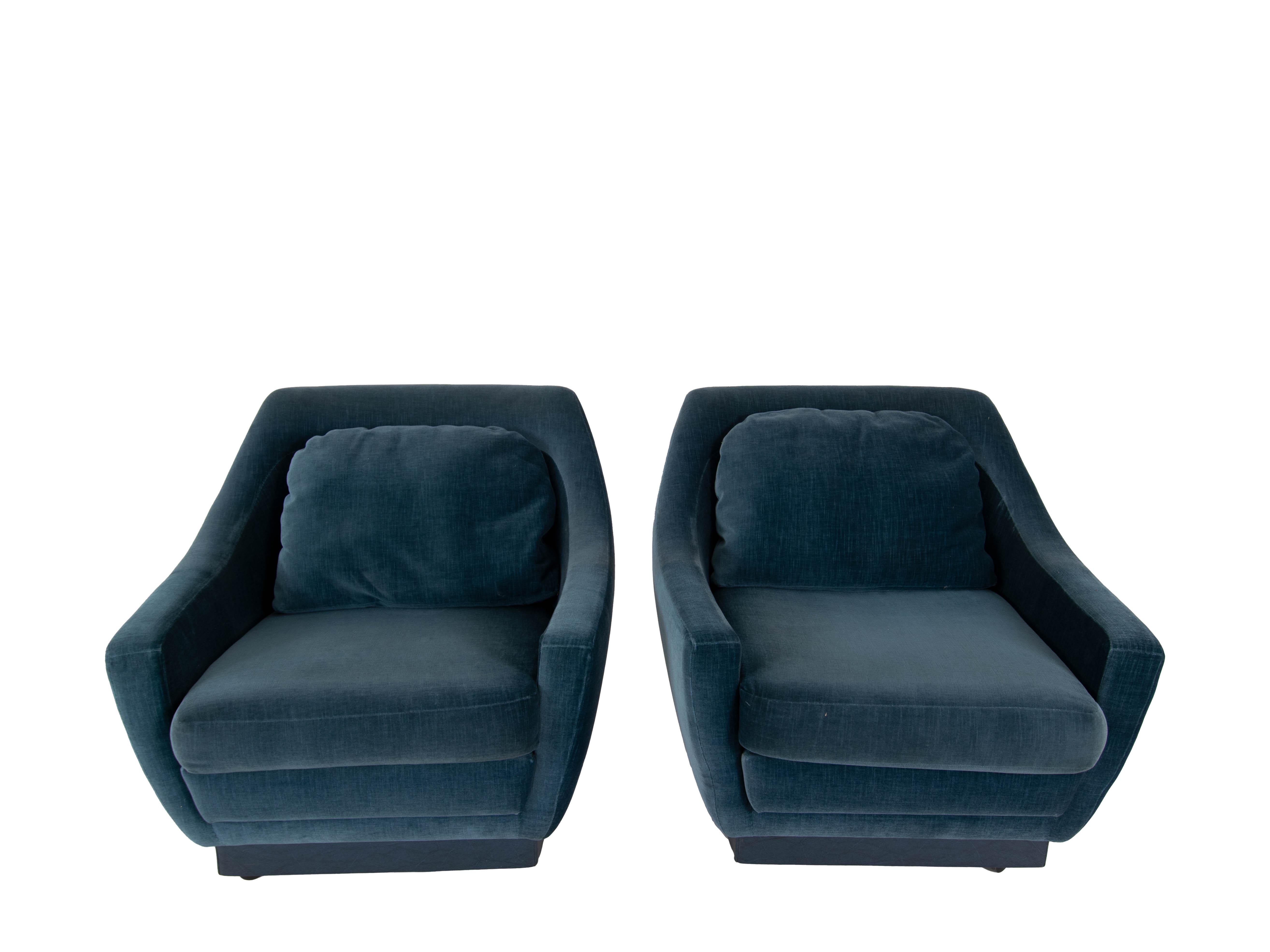 Leather Set of Art Deco Style Lounge Chairs in Blue Velvet, the Netherlands